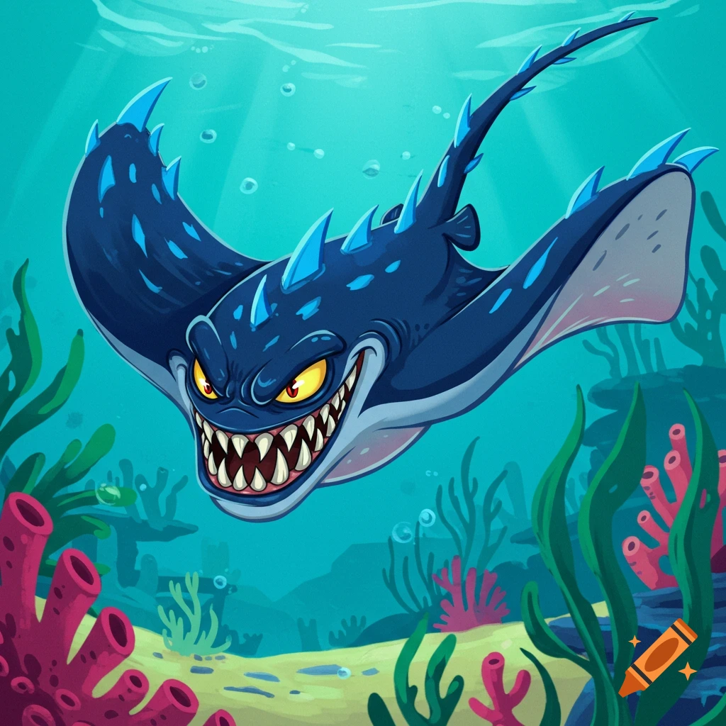 A cartoon evil stingray with sharp teeth and spikes swims underwater among coral and seaweed.