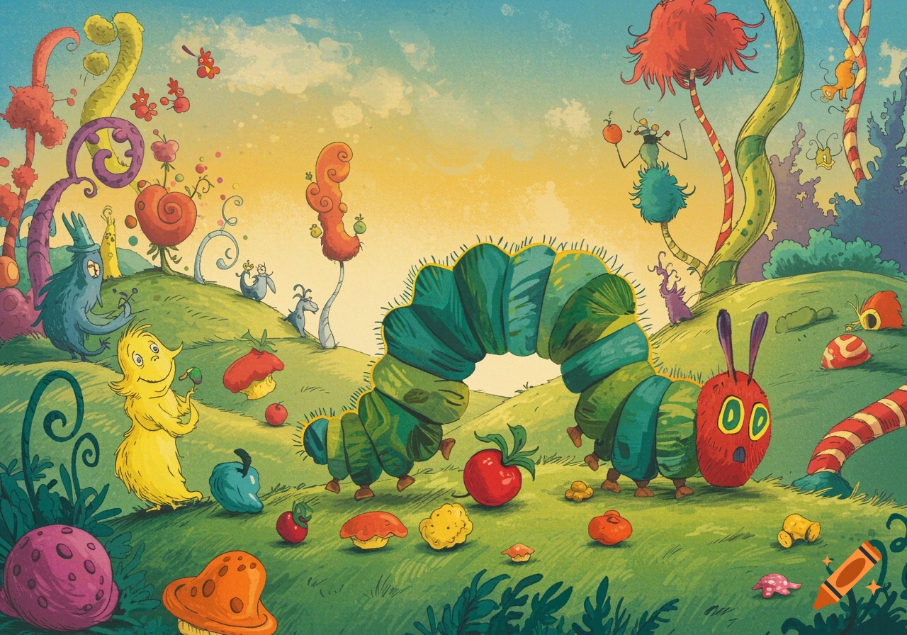 A whimsical illustration in Dr. Seuss style shows a large segmented caterpillar with '00' on its head, surrounded by colorful fruits, mushrooms, and quirky creatures in a hilly landscape.