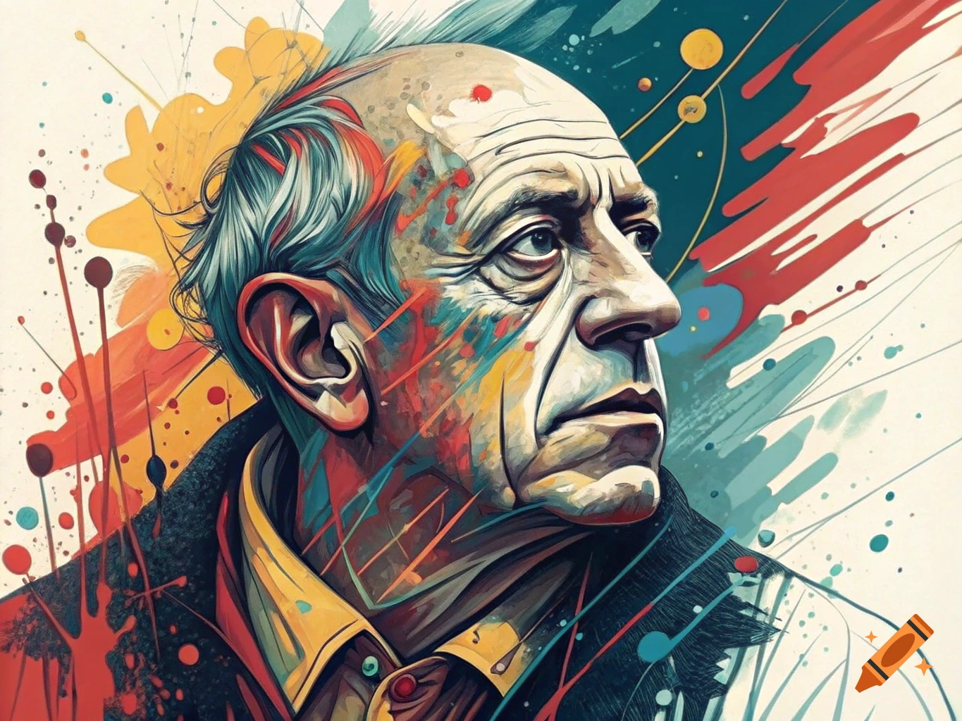 Abstract portrait in the style of Pollock and Picasso with bold colors and splatters.