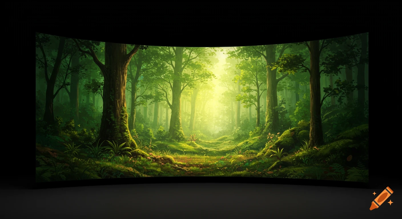 A lush forest landscape displayed on a curved cinema screen.