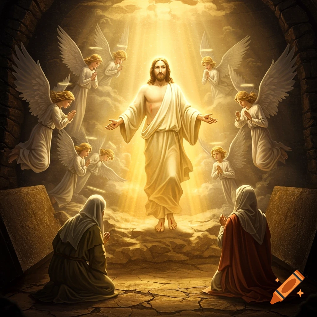 Jesus rising or ascending surrounded by angels, with kneeling figures below in a dramatic light.
