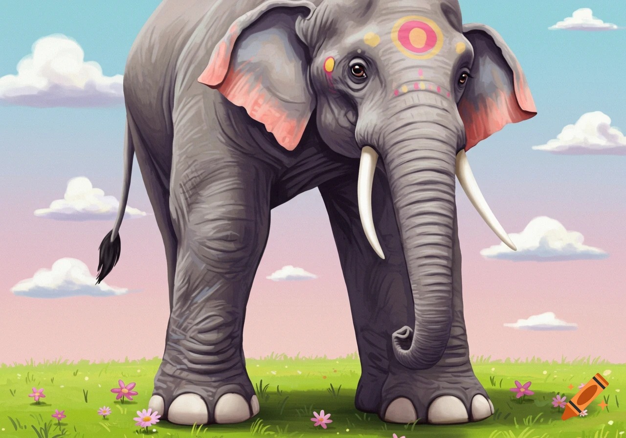 An elephant stands in a field with flowers under a colorful sky.