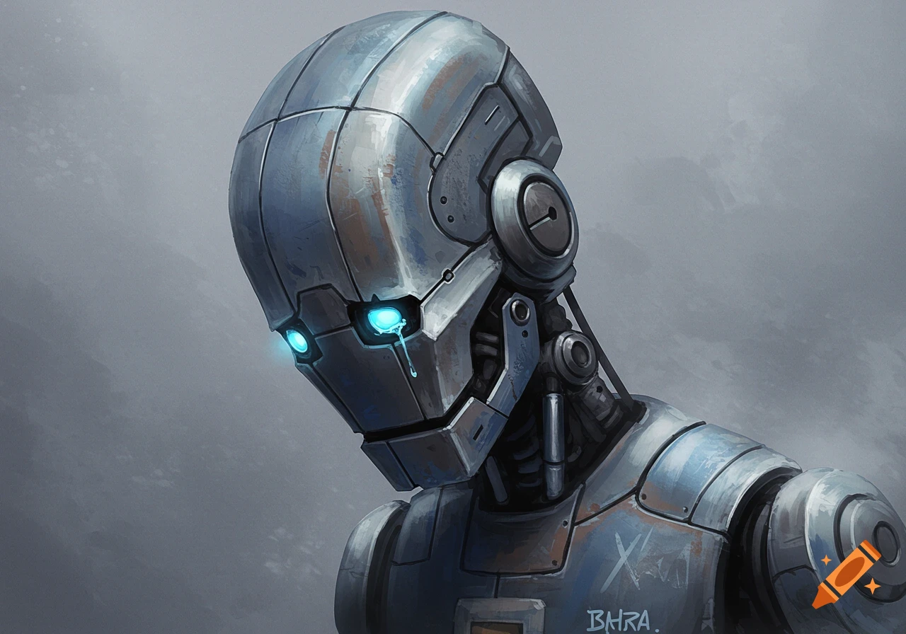 A sad-looking robot with glowing blue eyes and a tear.