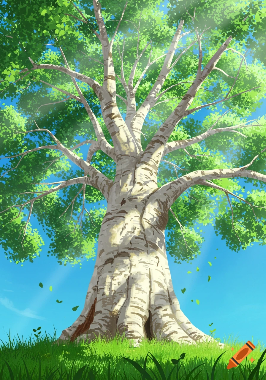A view looking up at a large tree with bright green leaves against a blue sky.
