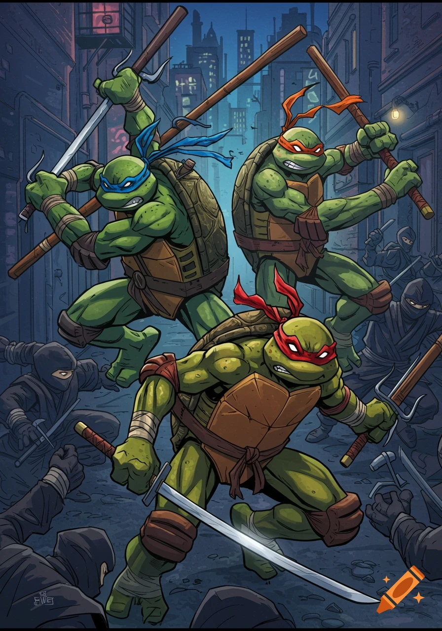 Teenage Mutant Ninja Turtles fight ninjas in a dark city alley.