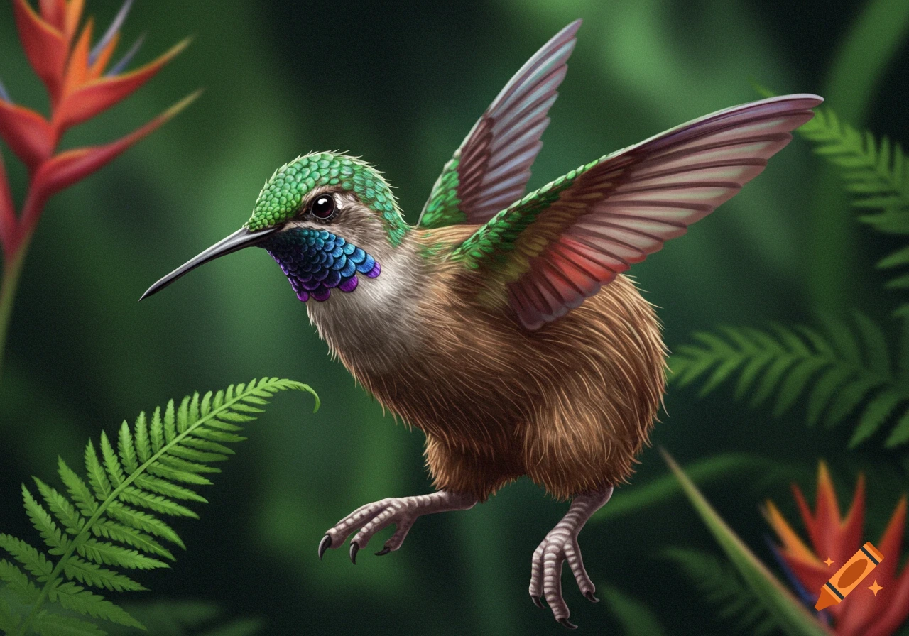 A hummingbird-kiwi hybrid bird with colorful feathers is in a jungle setting.