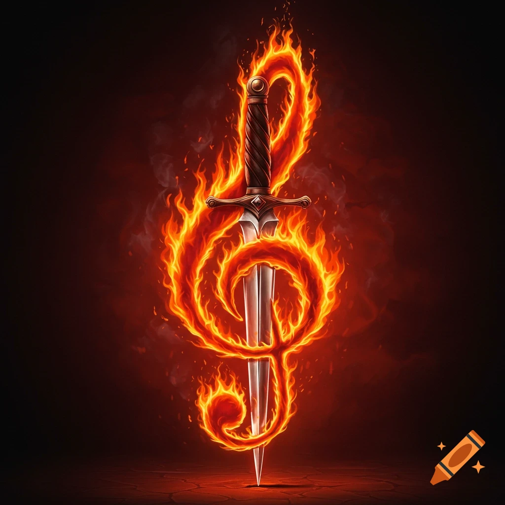 A dagger wrapped in flaming fire forming a treble clef symbol.
