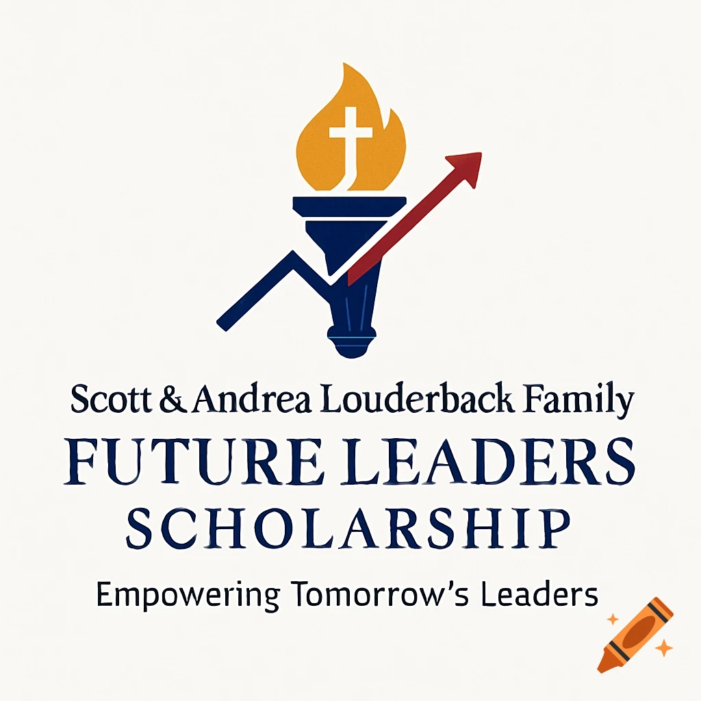 Logo for Scott & Andrea Louderback Family Future Leaders Scholarship, with torch, cross, and upward arrow symbol.