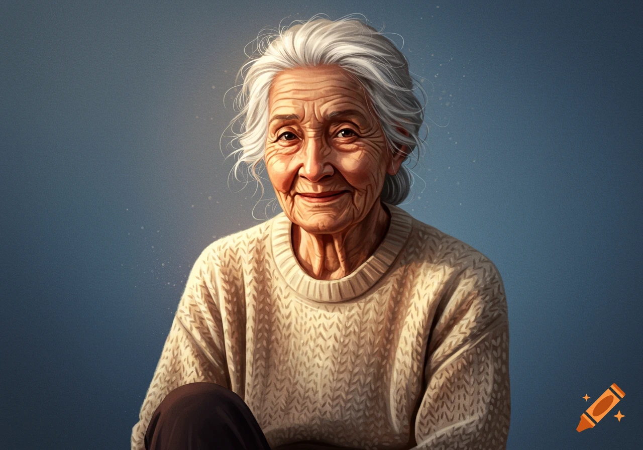 A portrait of an old woman with gray hair smiling.