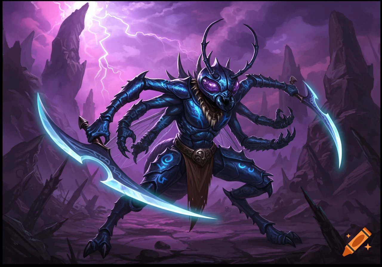 Blue insectoid warrior with multiple swords in a stormy fantasy landscape.