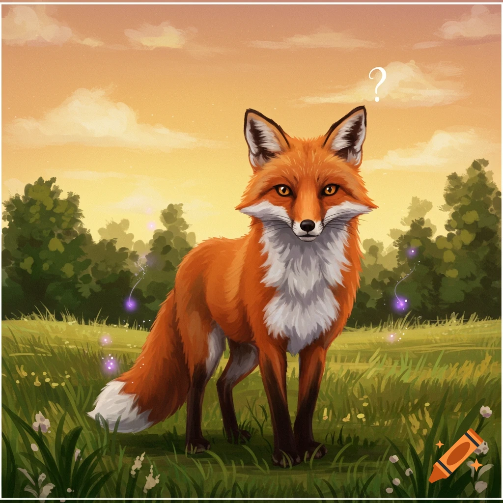 A red fox standing in a grassy field at sunset with a question mark above its head and purple magical effects.