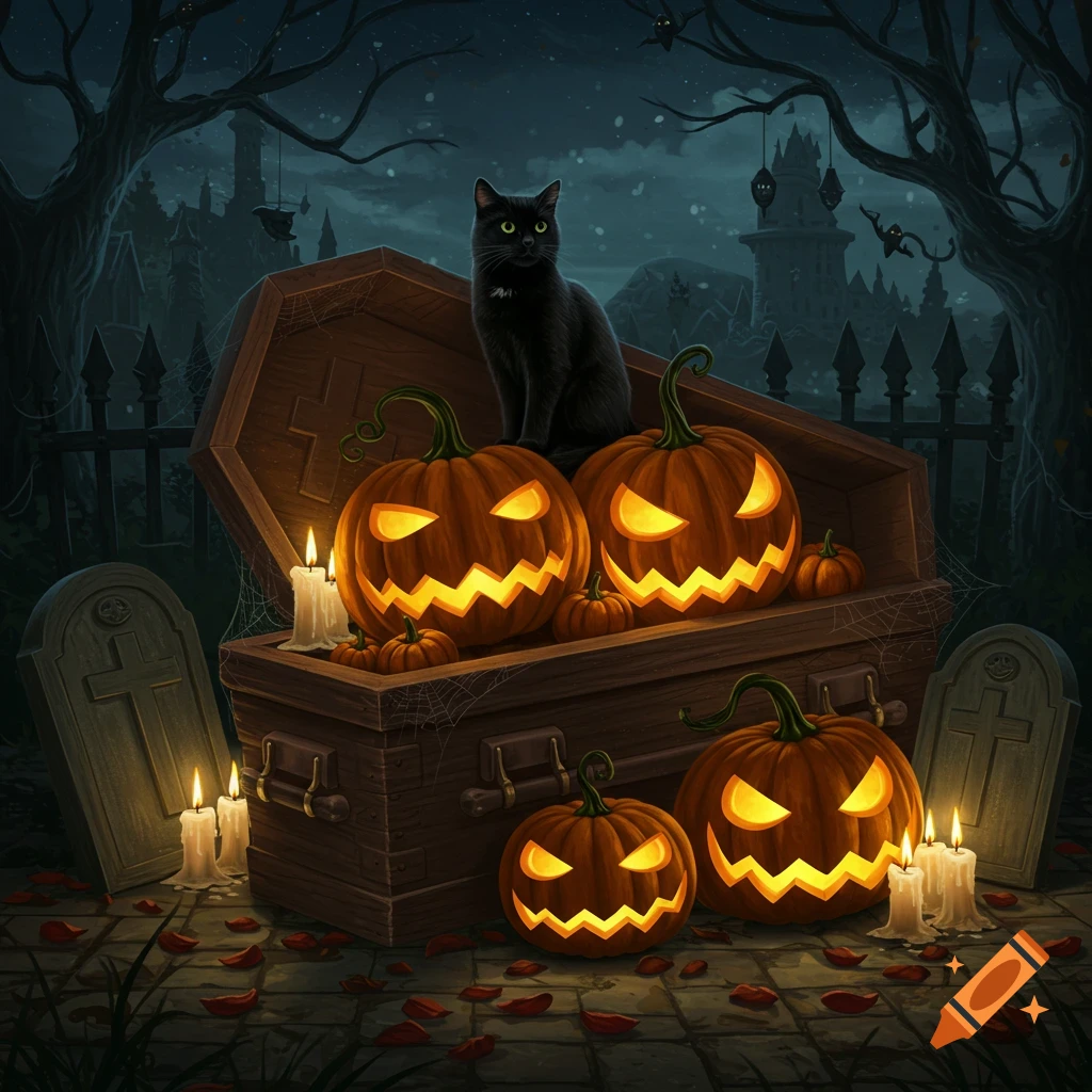 A black cat on a coffin filled with glowing pumpkins in a spooky graveyard.
