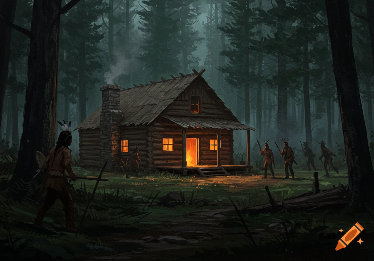 A log cabin at night in a forest with figures in traditional clothing sneaking towards it.