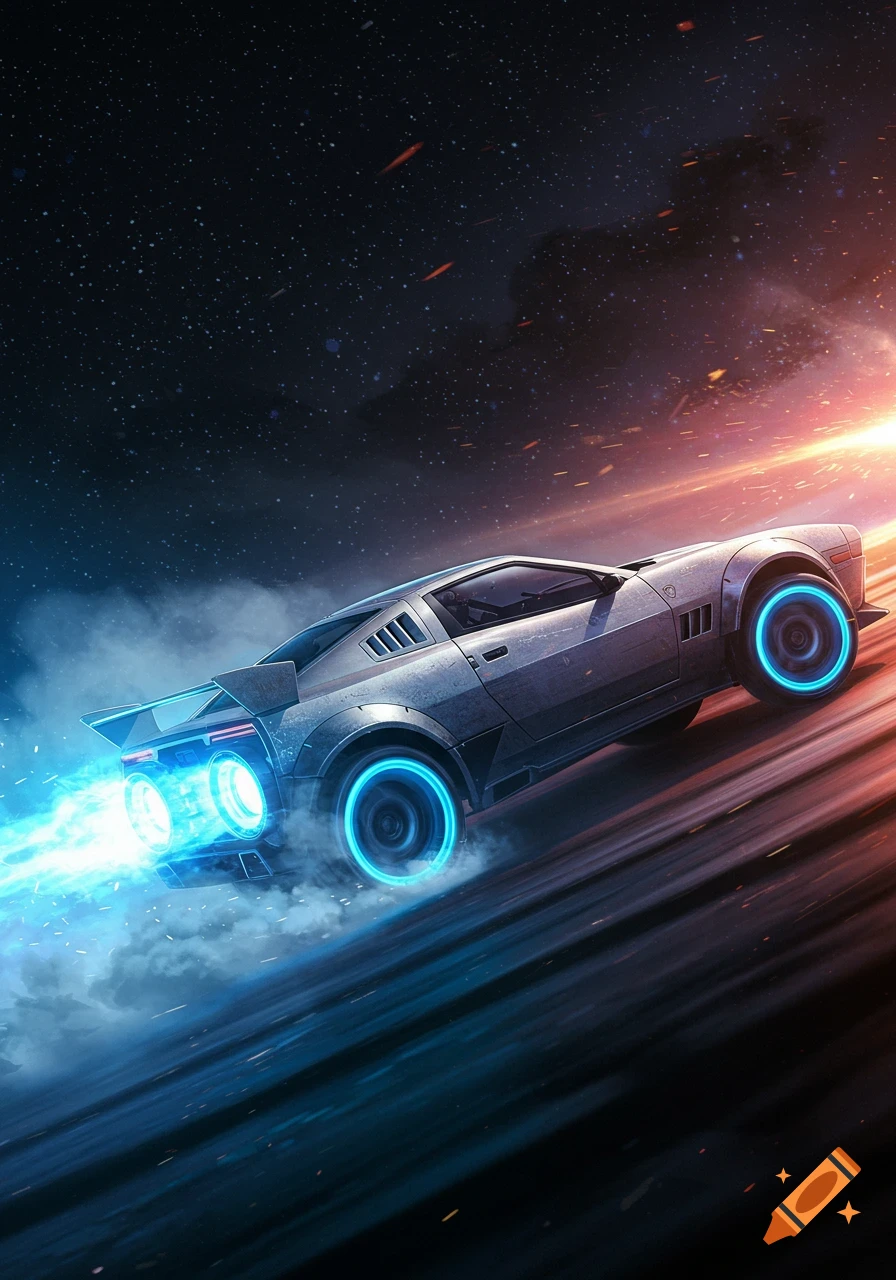A silver rocket car drifting, with blue propulsion against a starry sky.