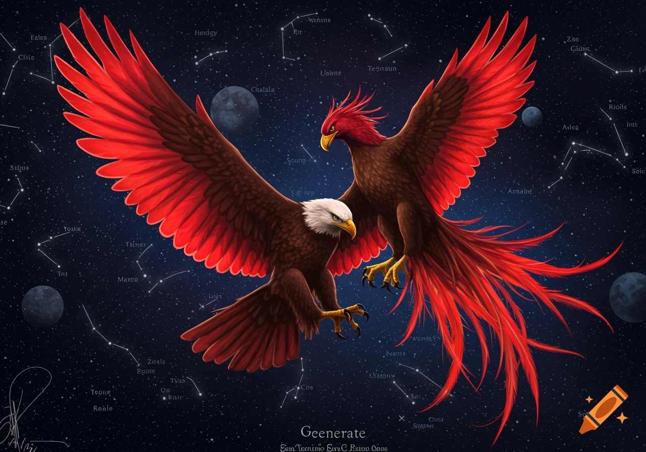 An eagle and a phoenix flying in space with stars, constellations, and planets.