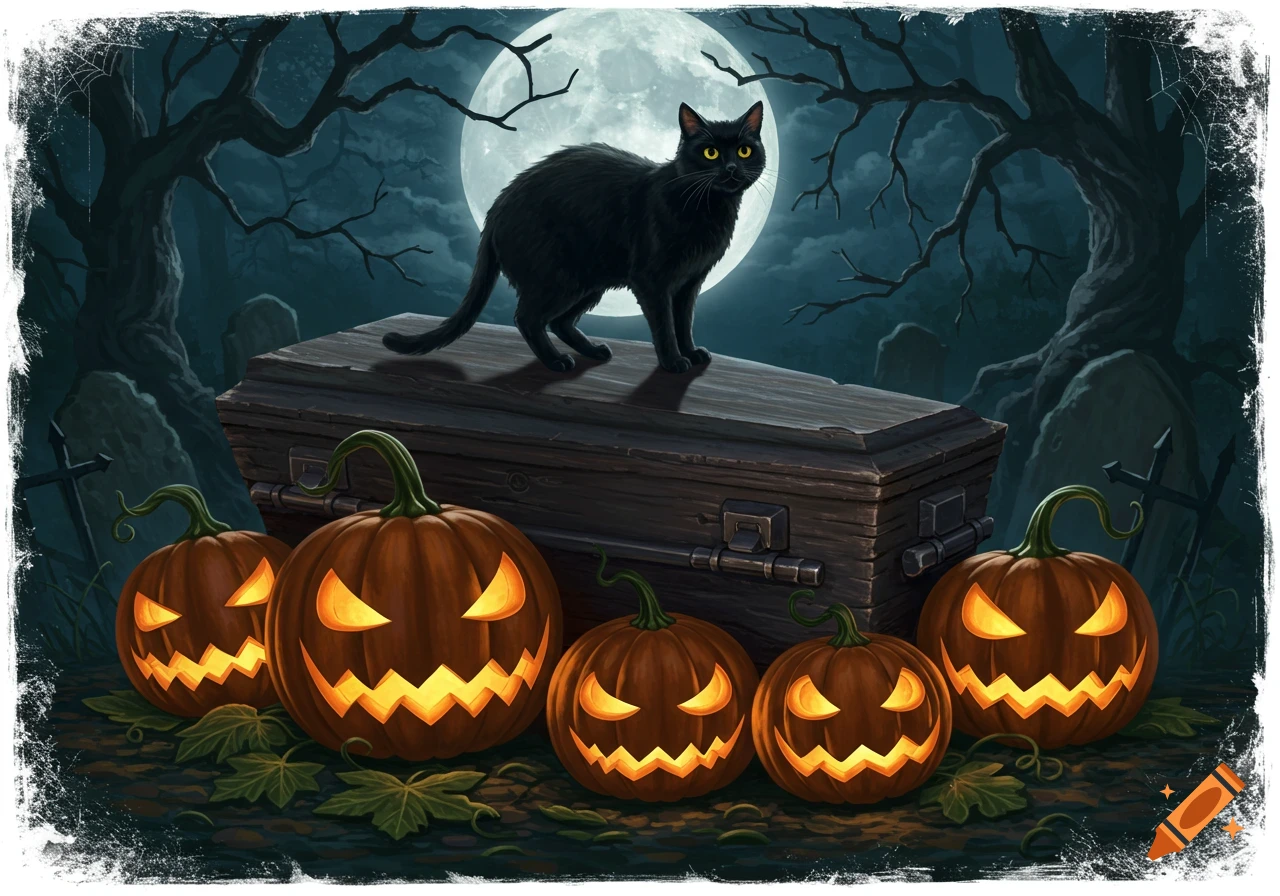 A black cat is perched on a coffin surrounded by jack-o'-lanterns in a gothic cemetery, illuminated by a full moon.