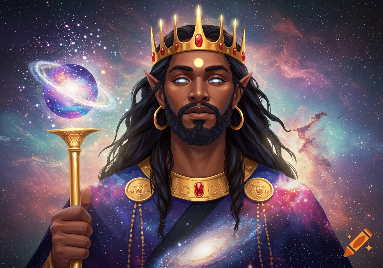 A cosmic king holds a staff with a planet against a galaxy background.