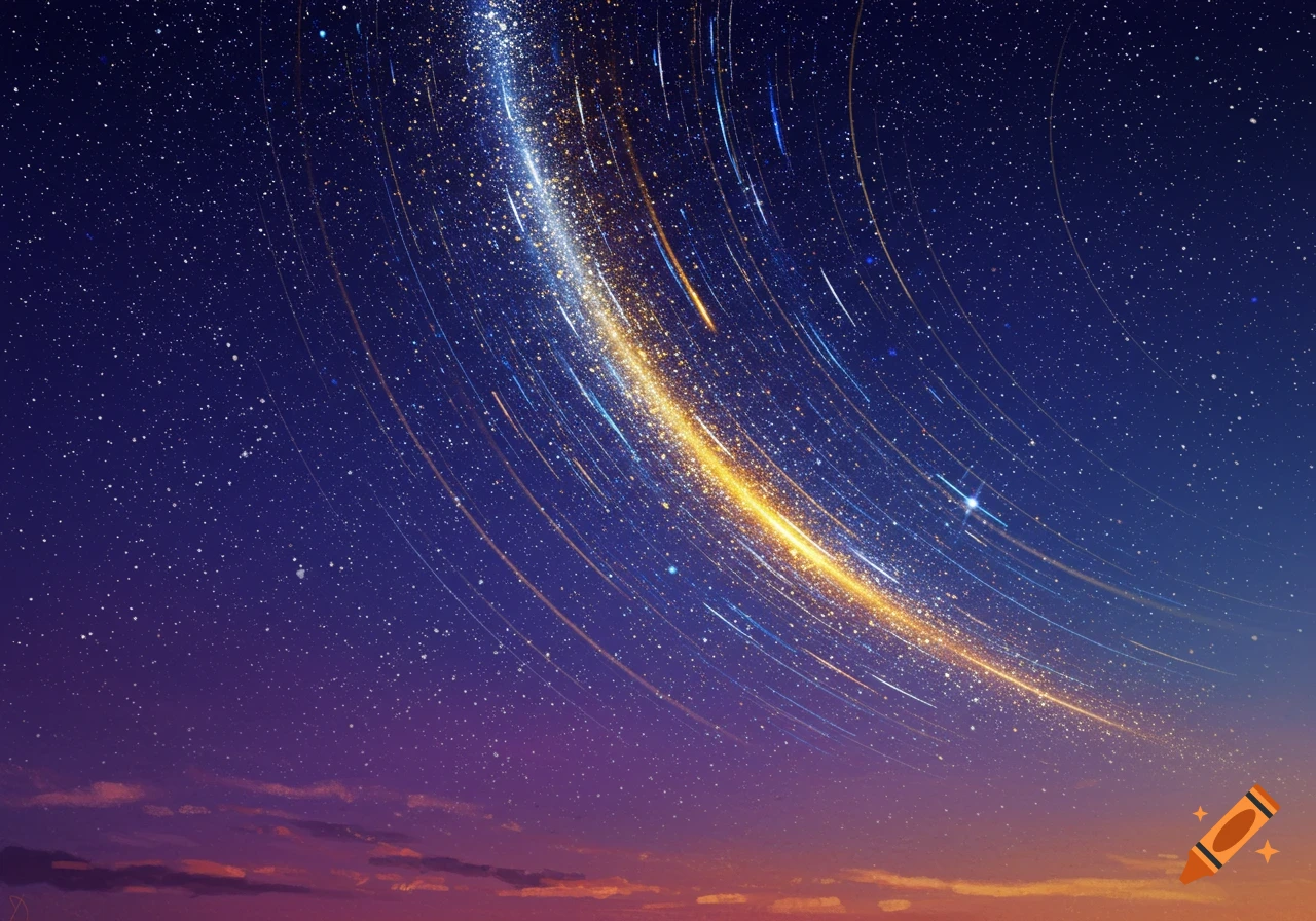A starfall arcing across a starry night sky with a warm colored horizon.