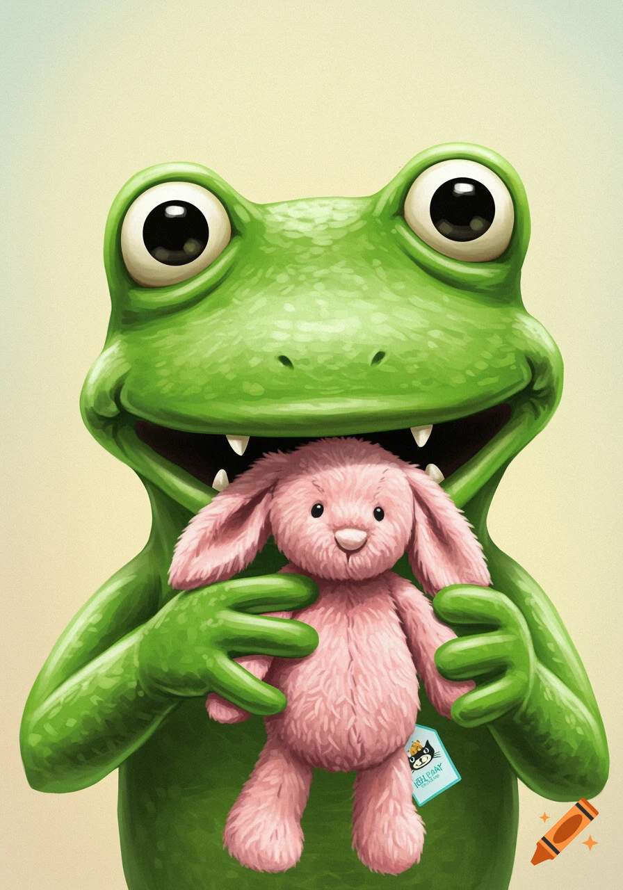 Cartoon illustration of a green frog holding a pink plush bunny