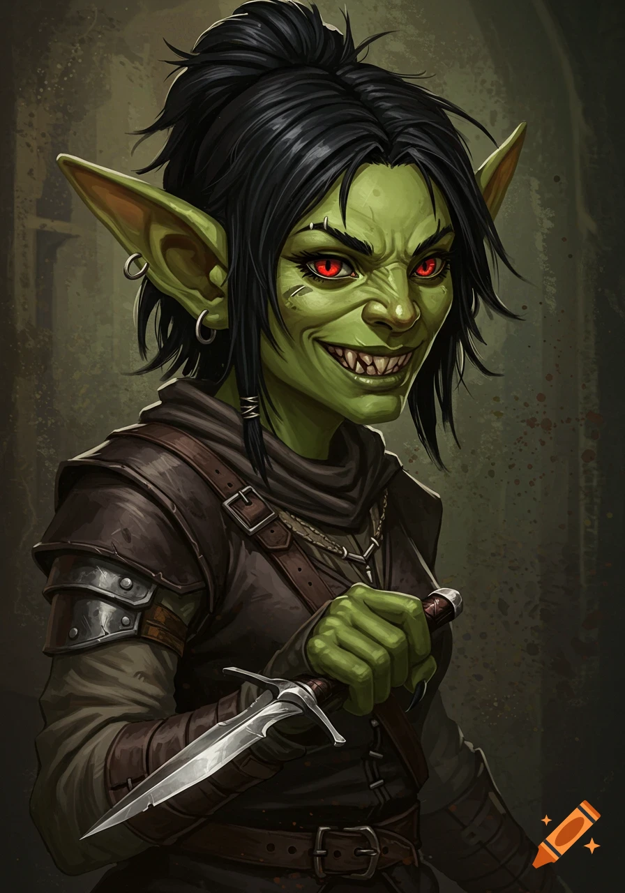 A grinning female goblin with green skin, red eyes, and a dagger.