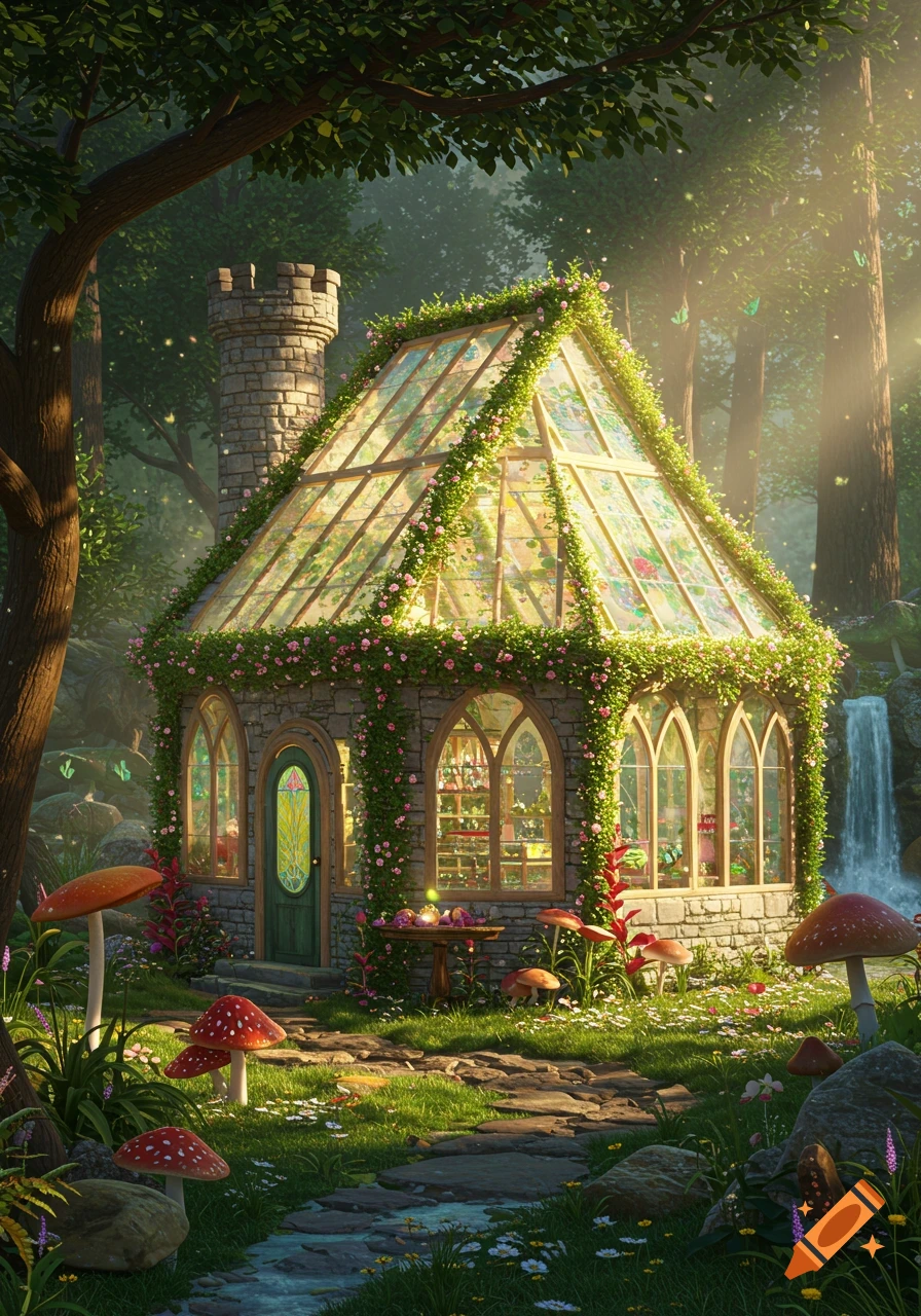 Fantasy greenhouse cottage with stone tower in a magical forest with glowing butterflies and large mushrooms.
