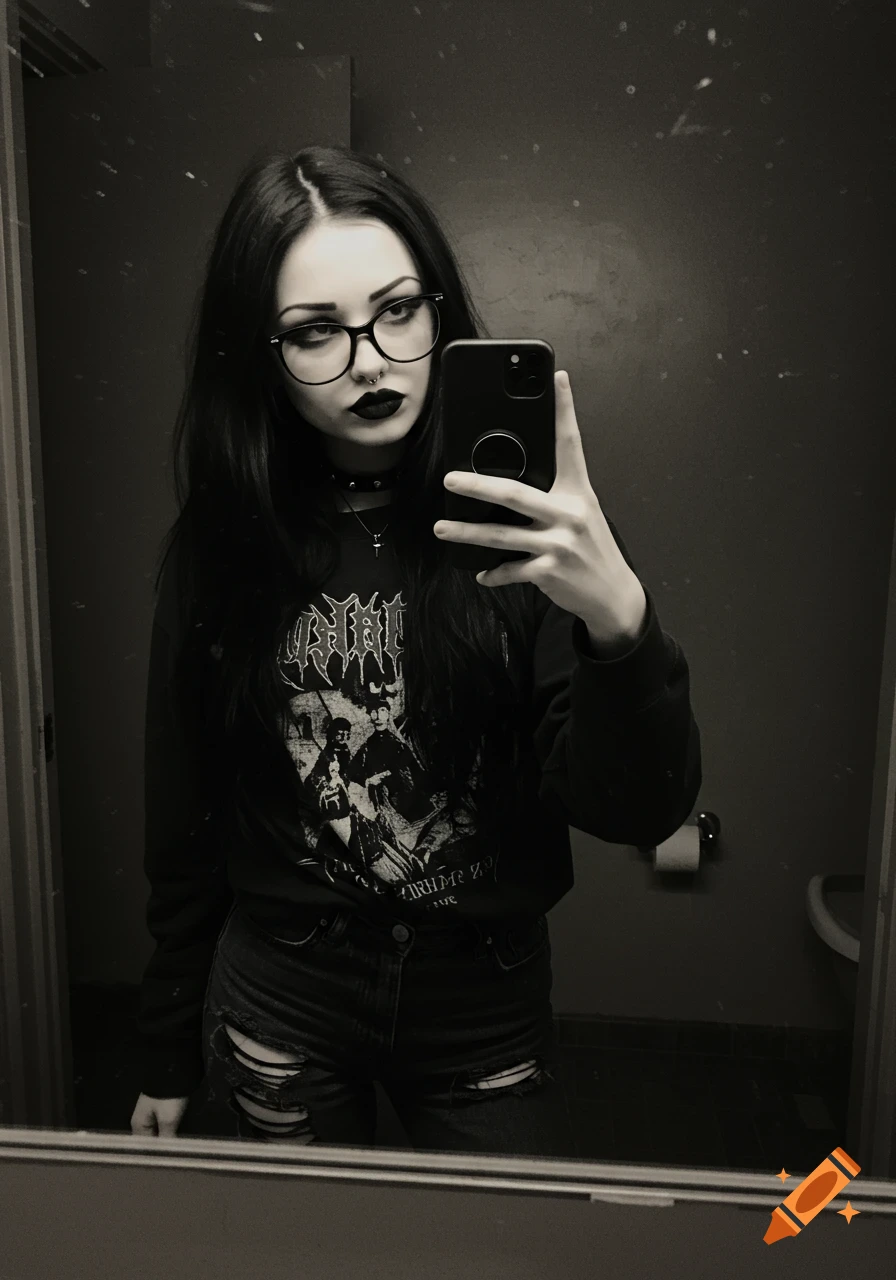 A goth girl with glasses takes a mirror selfie, wearing dark lipstick, a band shirt, and ripped shorts.