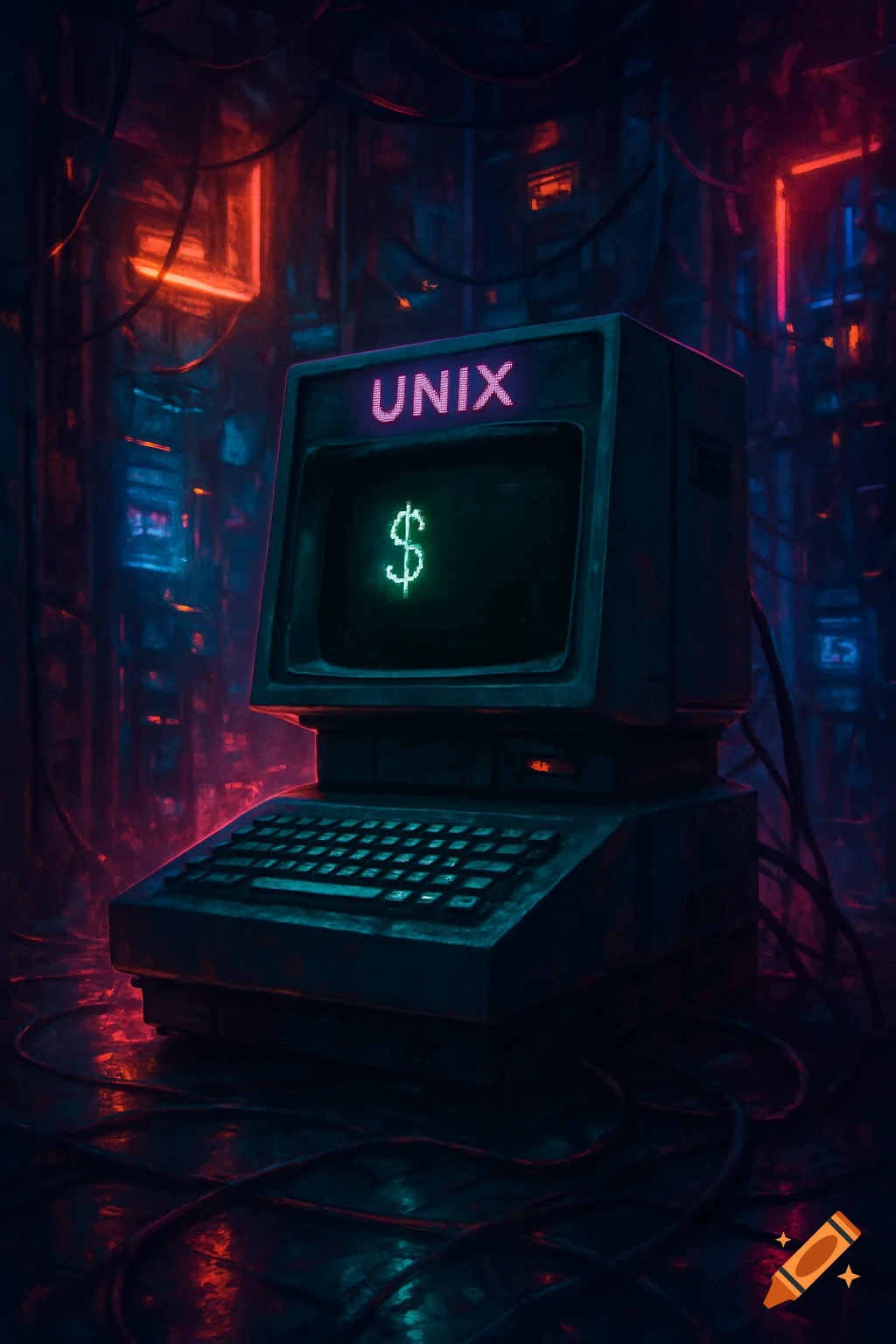 A vintage computer terminal displays UNIX and a dollar sign in a dark cyberpunk setting with wires.