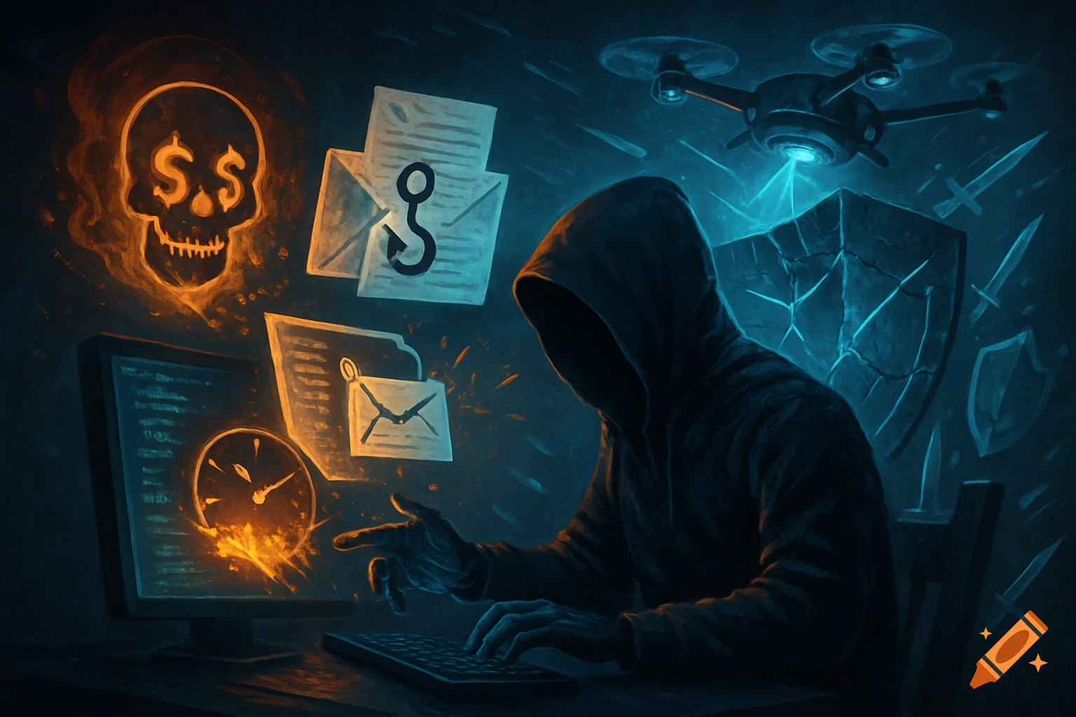 A hacker in a dark room at a computer, surrounded by cyber security symbols like a skull with dollar eyes, phishing emails, a clock, a shield, a drone, and swords.
