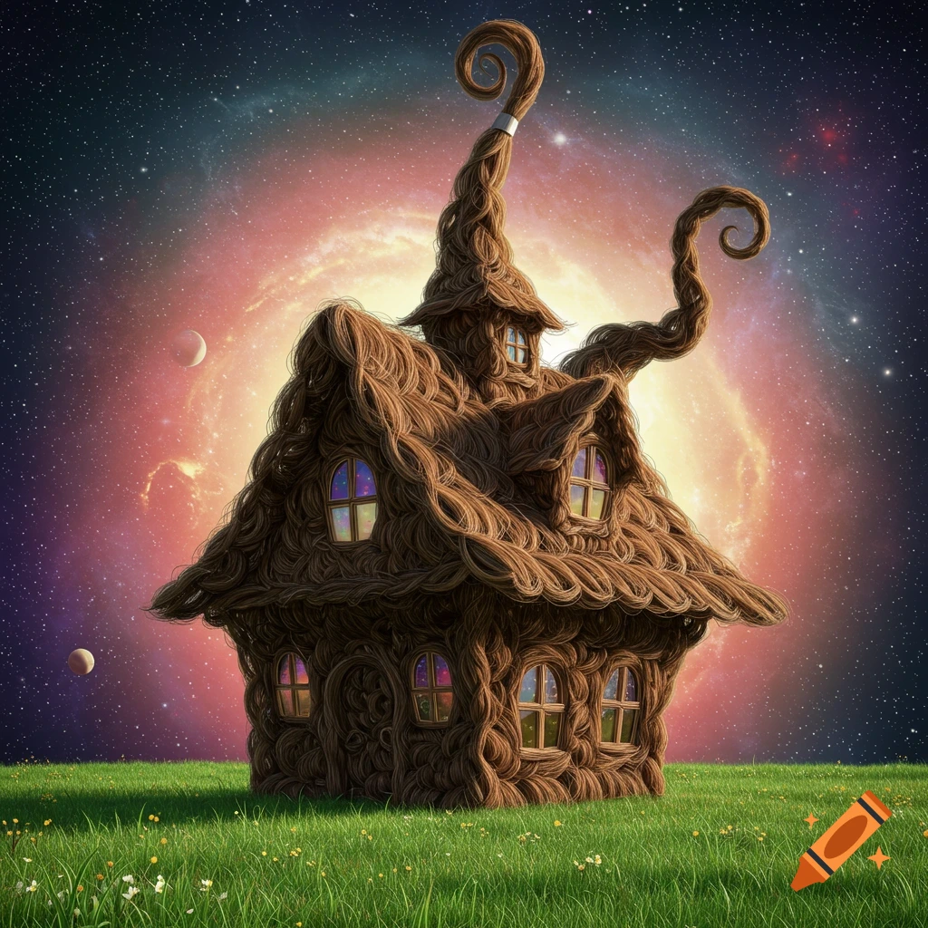 A whimsical house made entirely of human hair, set in a starry space landscape with planets and a colorful nebula.
