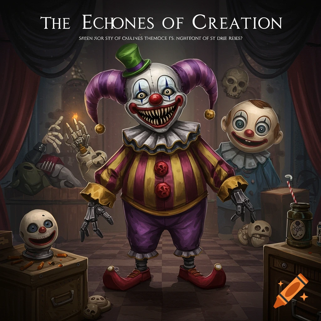 A creepy robot clown with sharp teeth stands next to a creepy doll in a dim room with skulls.