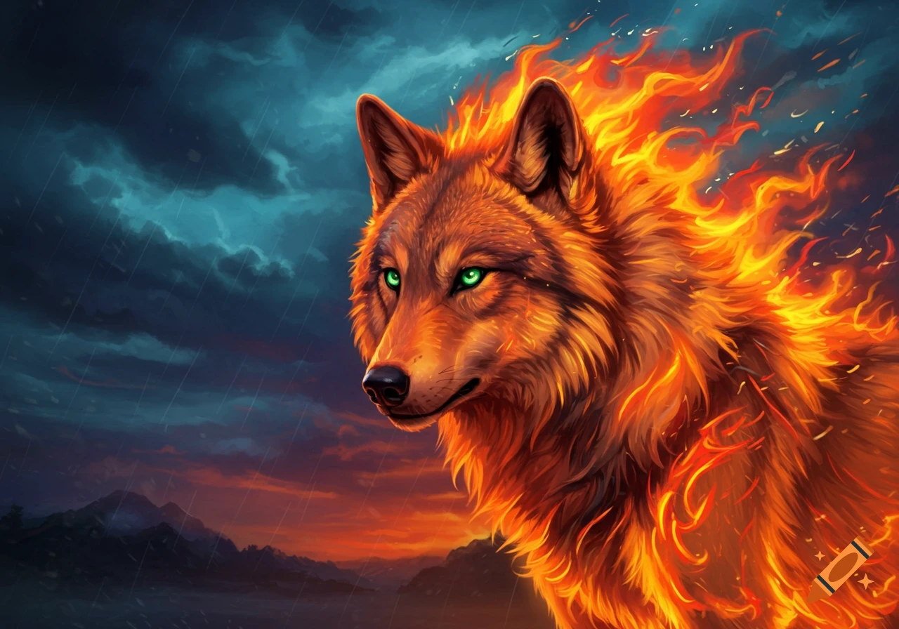A wolf with fiery fur and glowing green eyes, standing in the rain against a stormy sky.