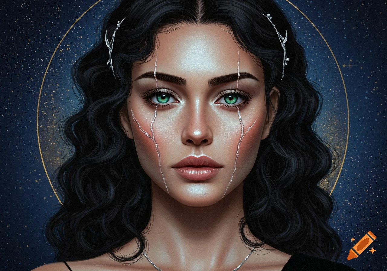 A woman with silver marks on her face and green eyes is against a starry background.