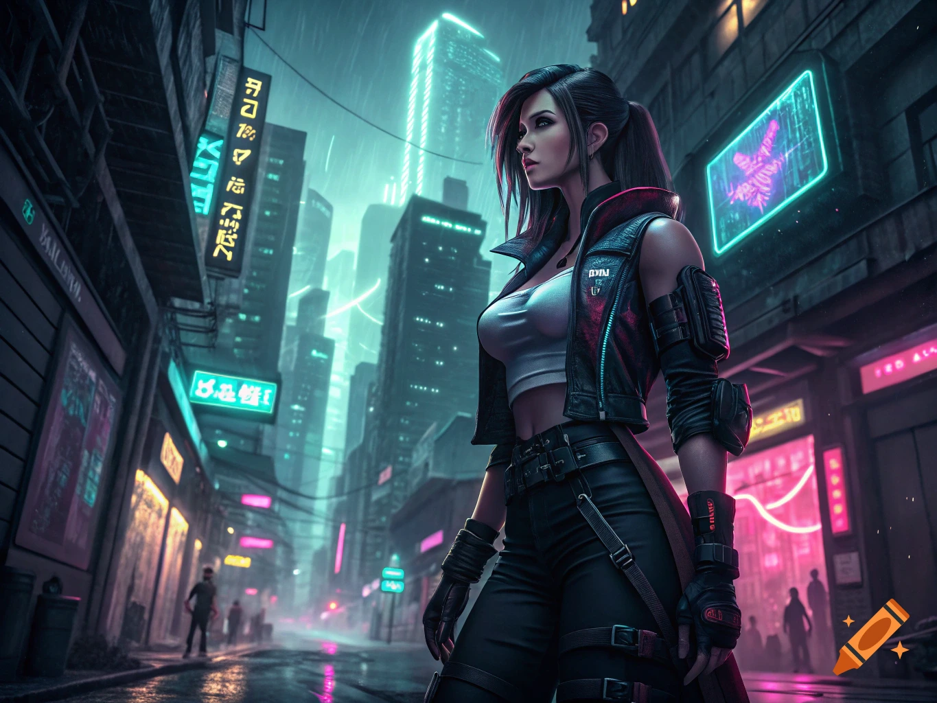 A woman in a cyberpunk outfit stands in a rainy futuristic city street with neon signs.
