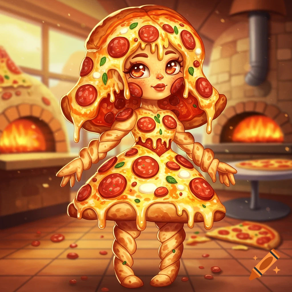 Cute anime character made of pizza standing in a pizza kitchen