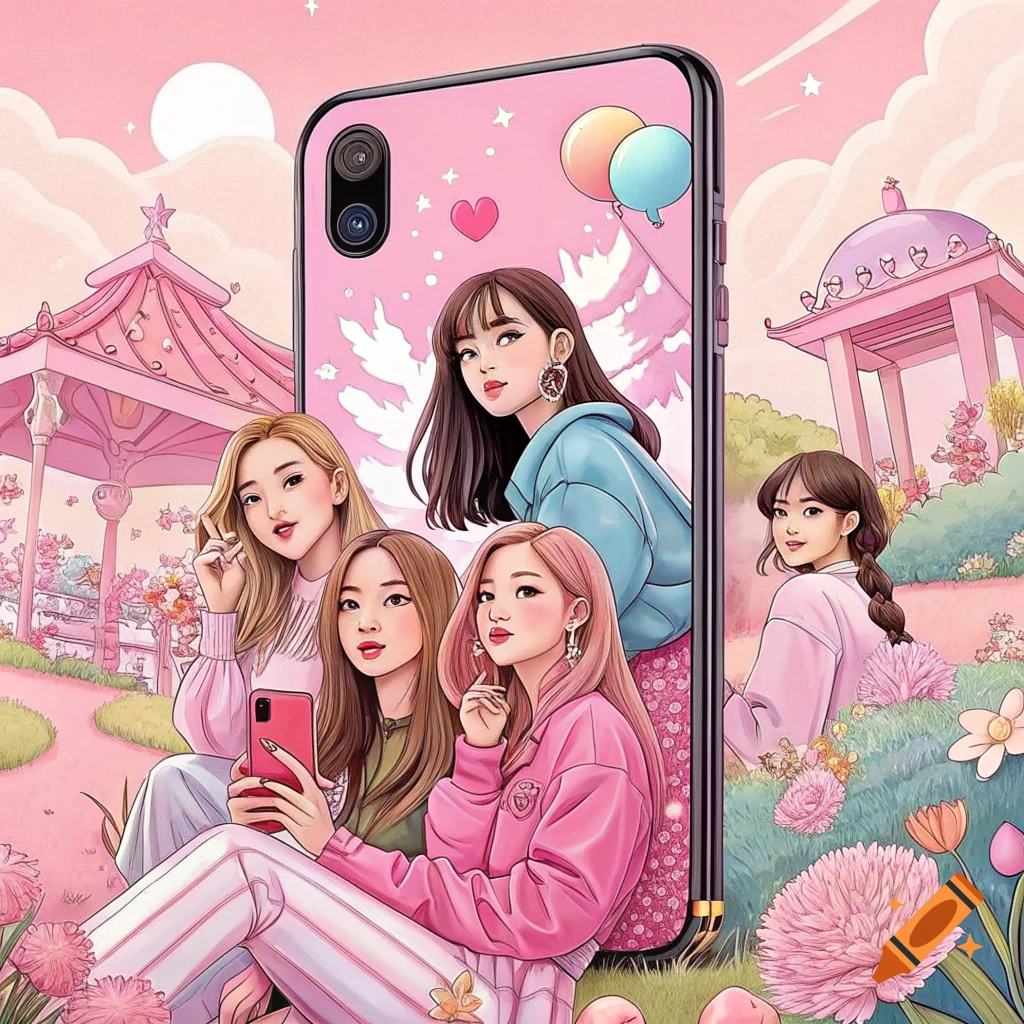 Anime illustration of five women in a pastel pink park, seen through a phone frame.