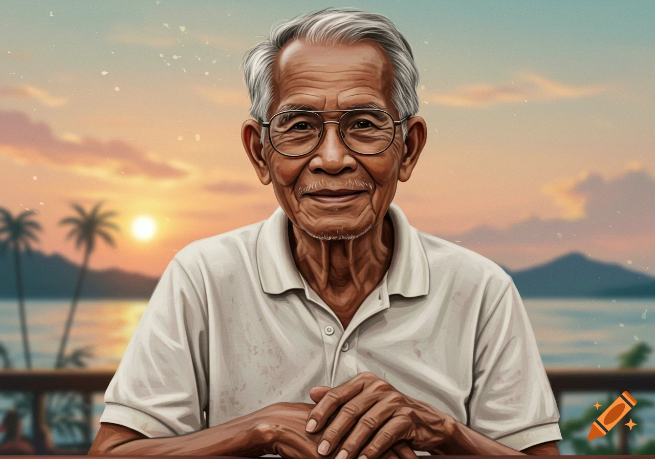 An old man with glasses is smiling, with palm trees and a sunset behind him.
