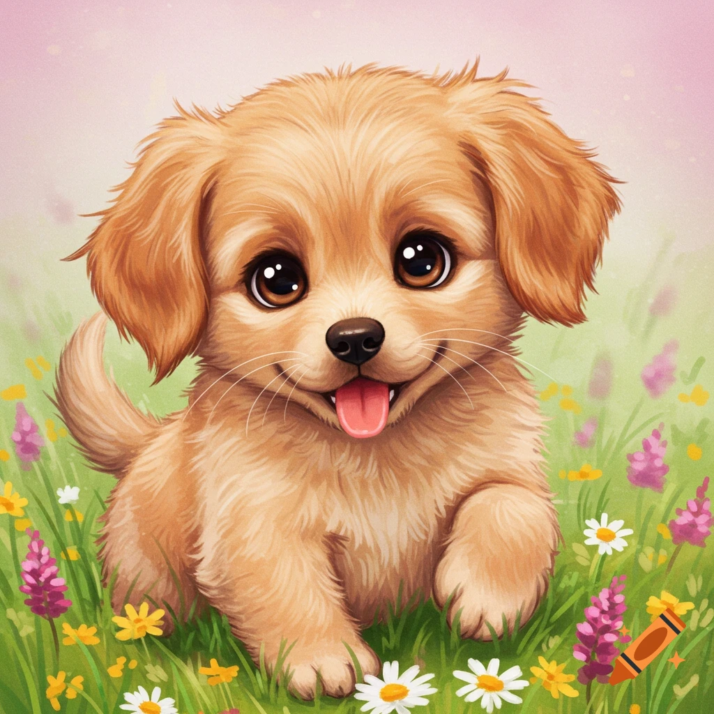 Cute golden puppy sits in a field of flowers.