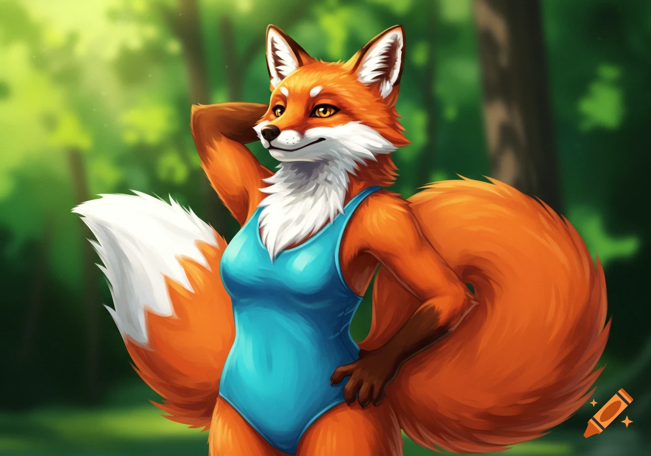 Illustration of a fox furry character in a blue swimsuit posing in a forest.