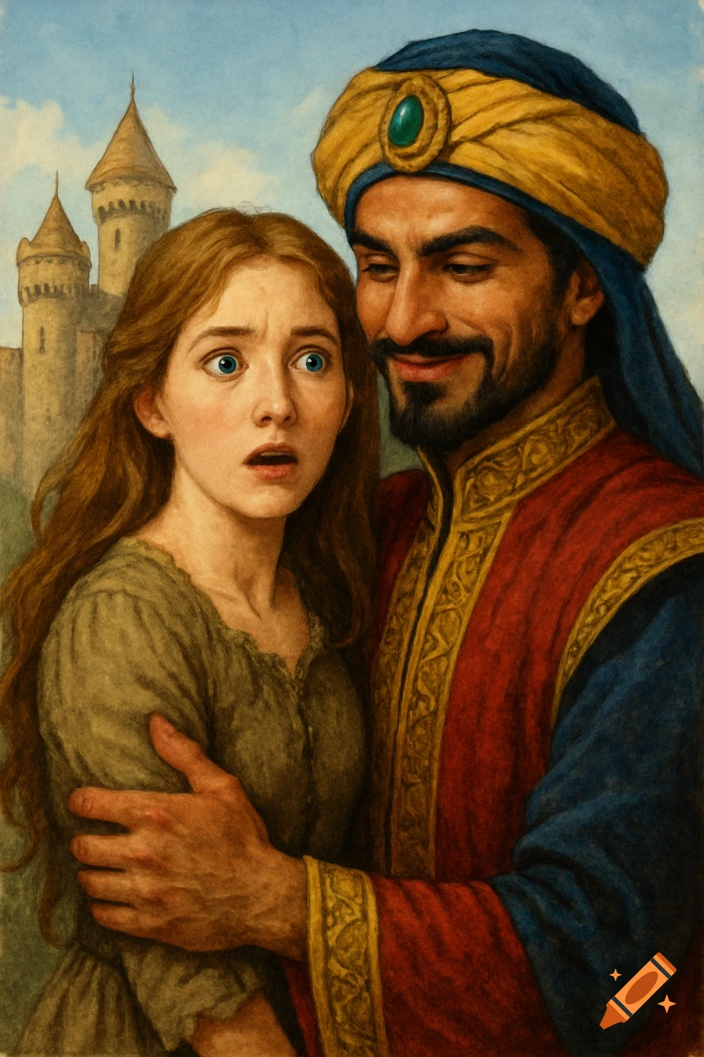 A shocked woman is held by a smirking man in a turban and ornate robe, with a castle in the background.