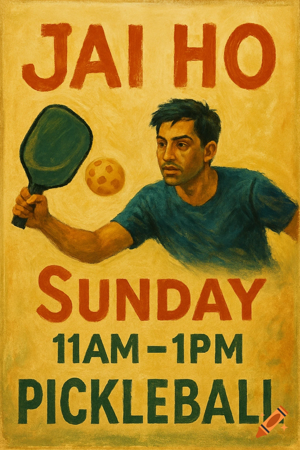 Image of a man playing pickleball on a flyer with text about a Sunday event.