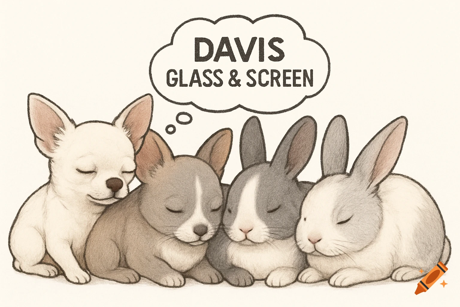 Pencil drawing of two sleeping chihuahuas and three sleeping bunnies with a thought bubble saying 'Davis Glass & Screen'.