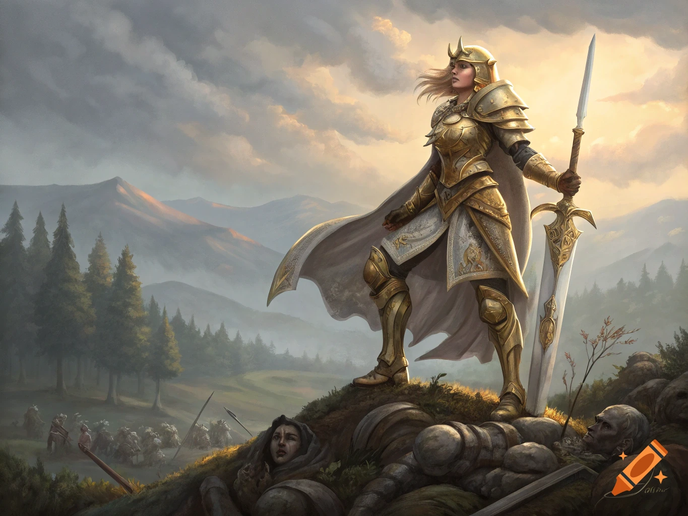 Warrior in gold armor stands on hill of fallen enemies, holding large sword.