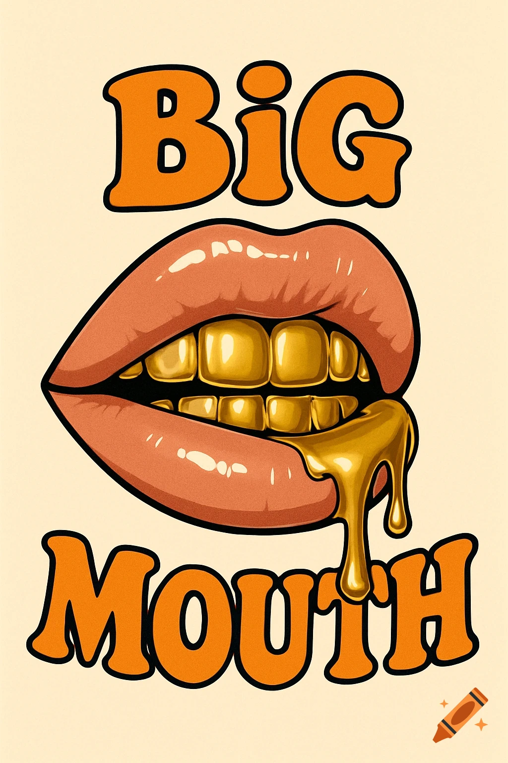 Cartoon illustration of orange lips with gold teeth and dripping gold, with the word BIG above and MOUTH below.