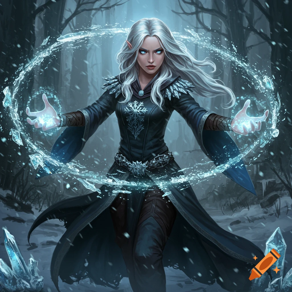 A female elf mage casting ice magic in a snowy forest.