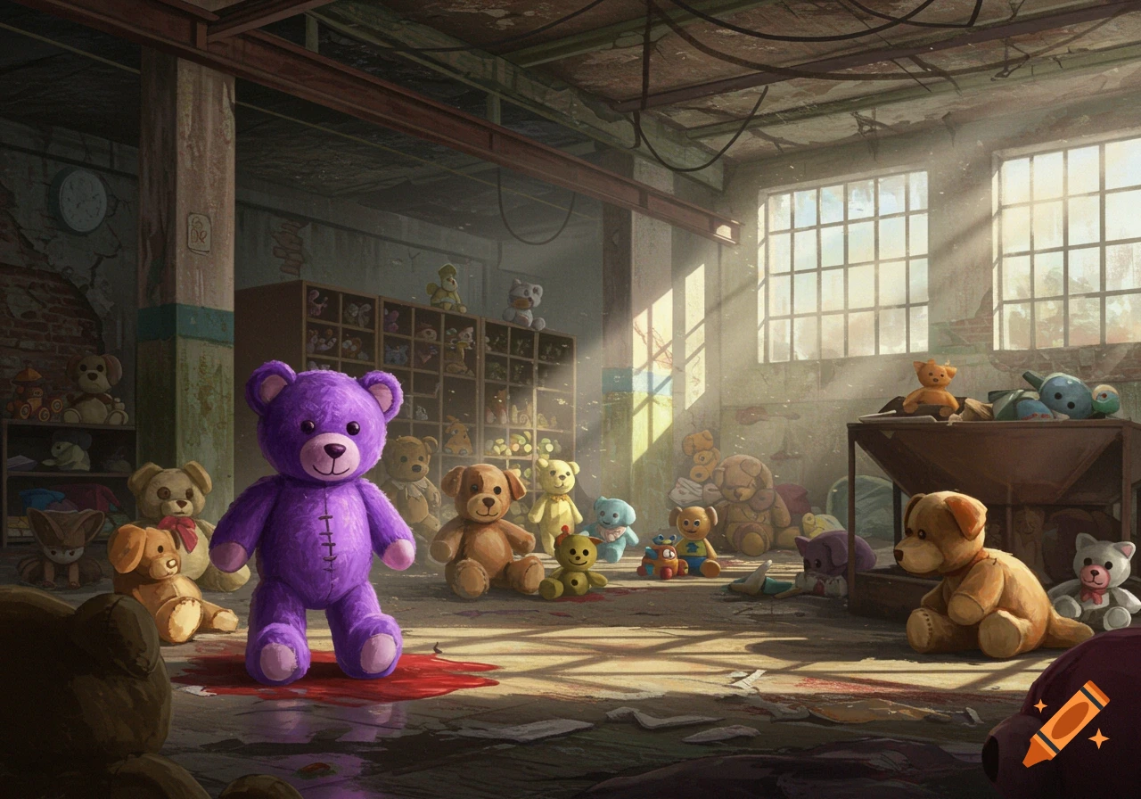 A purple teddy bear stands in a dark, abandoned toy factory with other stuffed animals and red liquid on the floor.