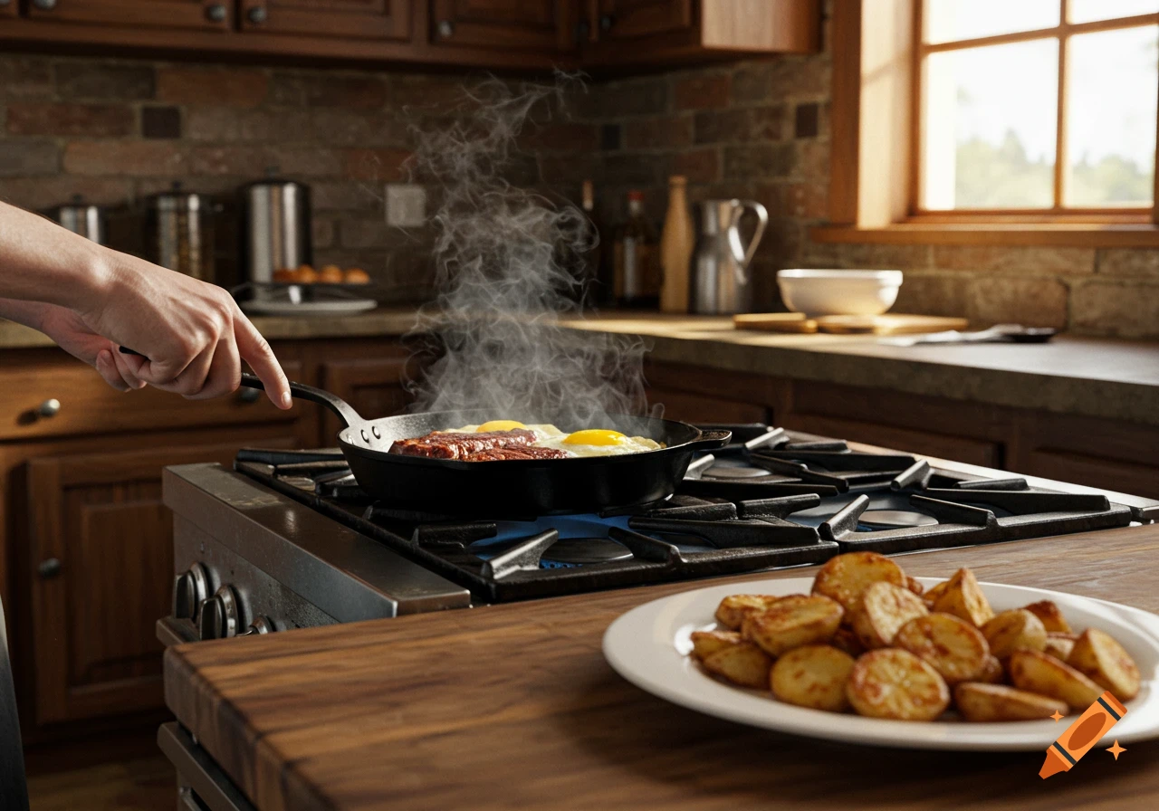 A hand stirs steak and eggs in a steaming skillet on a stovetop in a rustic kitchen, with a plate of fried potatoes in the foreground.