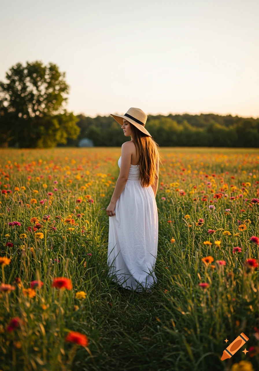 A woman in a white dress and hat stands in a field of colorful flowers at sunset.