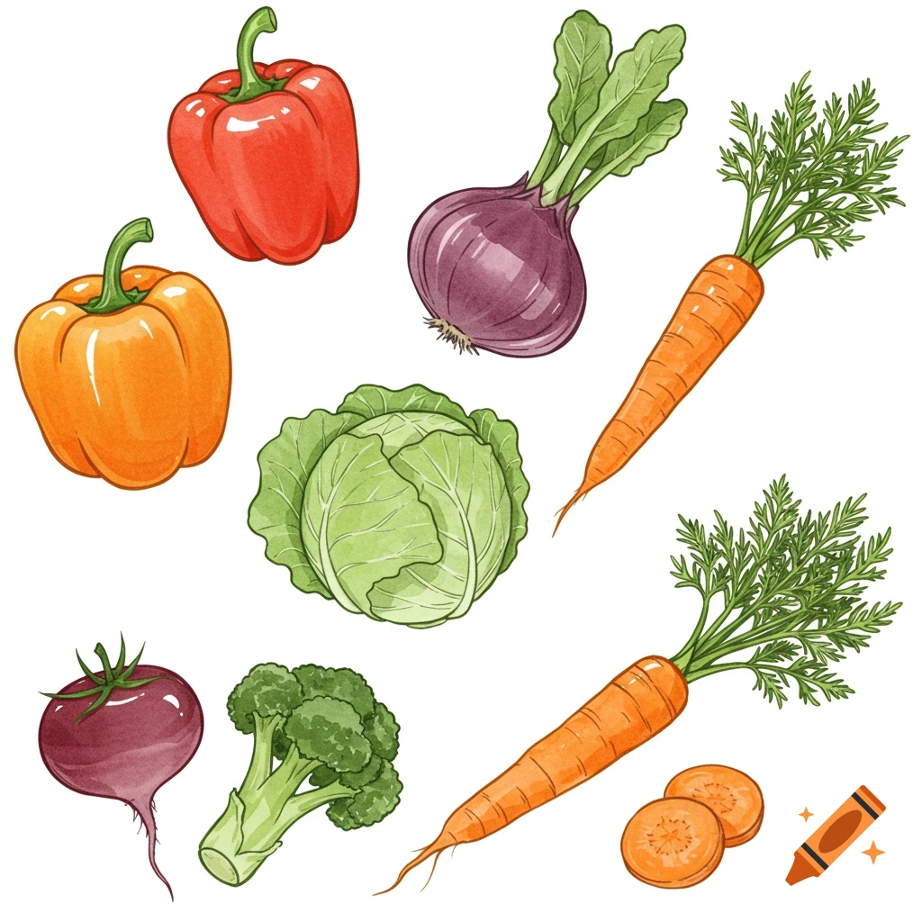 Watercolor illustration of various vegetables including peppers, onion, cabbage, carrots, beetroot, and broccoli