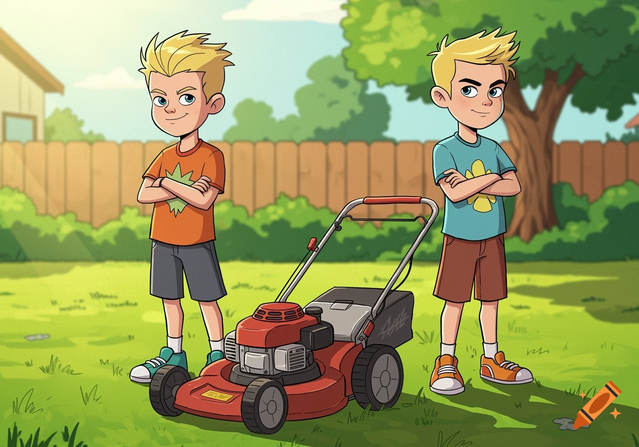 Cartoon illustration of two boys standing with arms crossed beside a red push lawnmower in a sunny suburban yard.