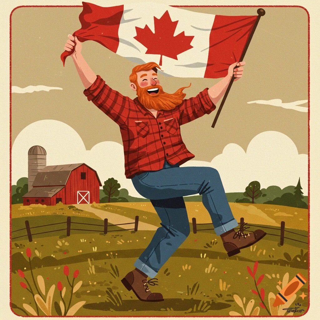Illustration of a happy man dancing and holding a Canadian flag in a field with a barn